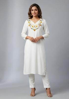 White Embroidered Rayon Kurta Set