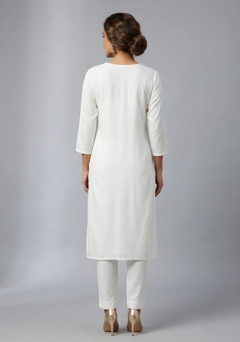 White Embroidered Rayon Kurta Set - Indya