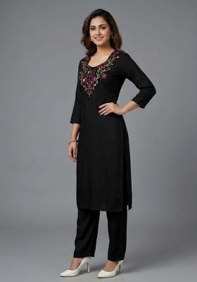 Black Embroidered Rayon Kurta Set