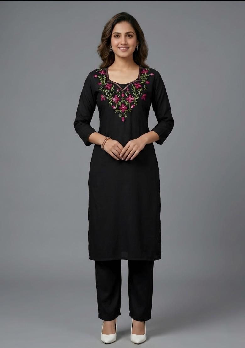 Black Embroidered Rayon Kurta Set - Indya