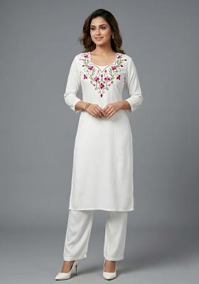 White Embroidered Rayon Kurta Set