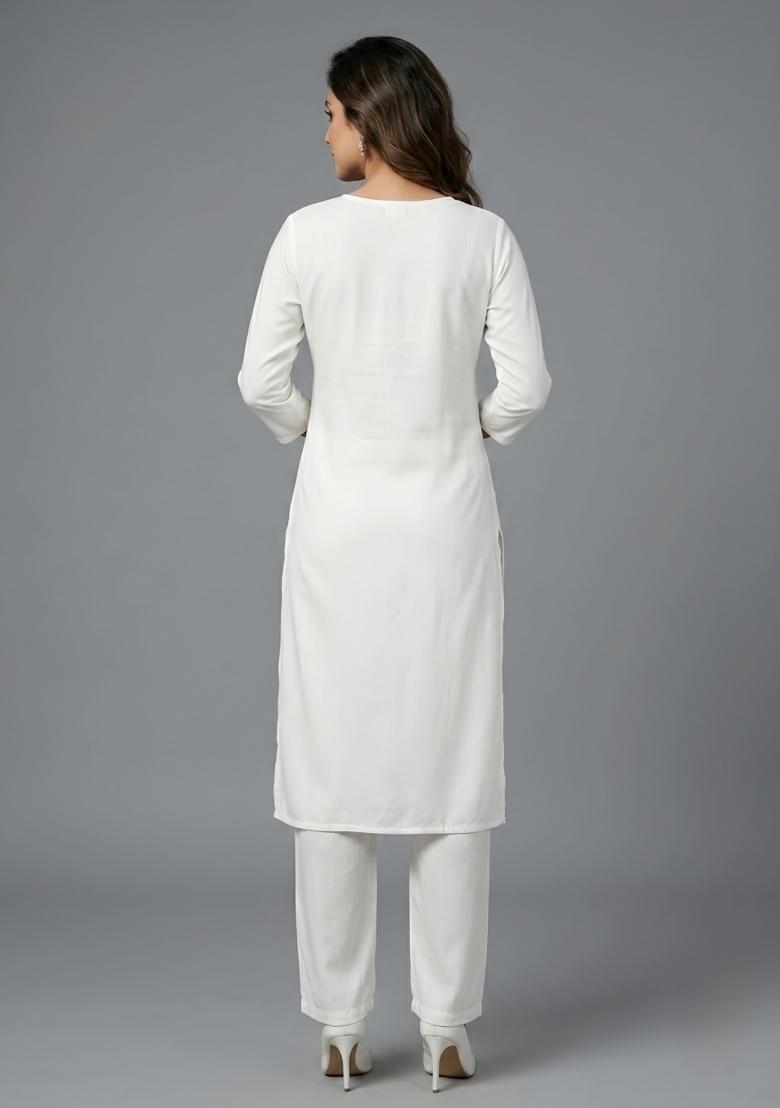 White Embroidered Rayon Kurta Set - Indya