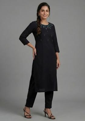 Black Embroidered Rayon Kurta Set