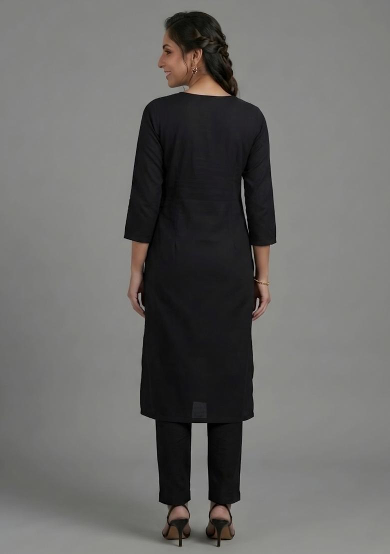 Black Embroidered Rayon Kurta Set - Indya