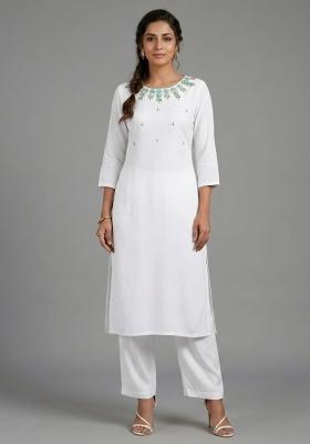 White Embroidered Rayon Kurta Set
