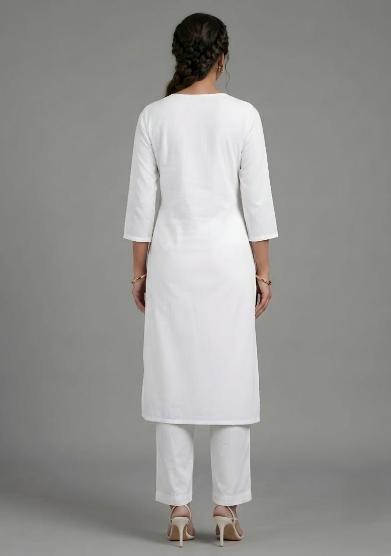 White Embroidered Rayon Kurta Set - Indya