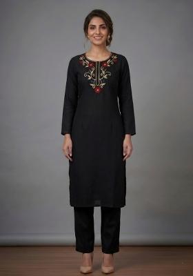 Black Embroidered Rayon Kurta Set