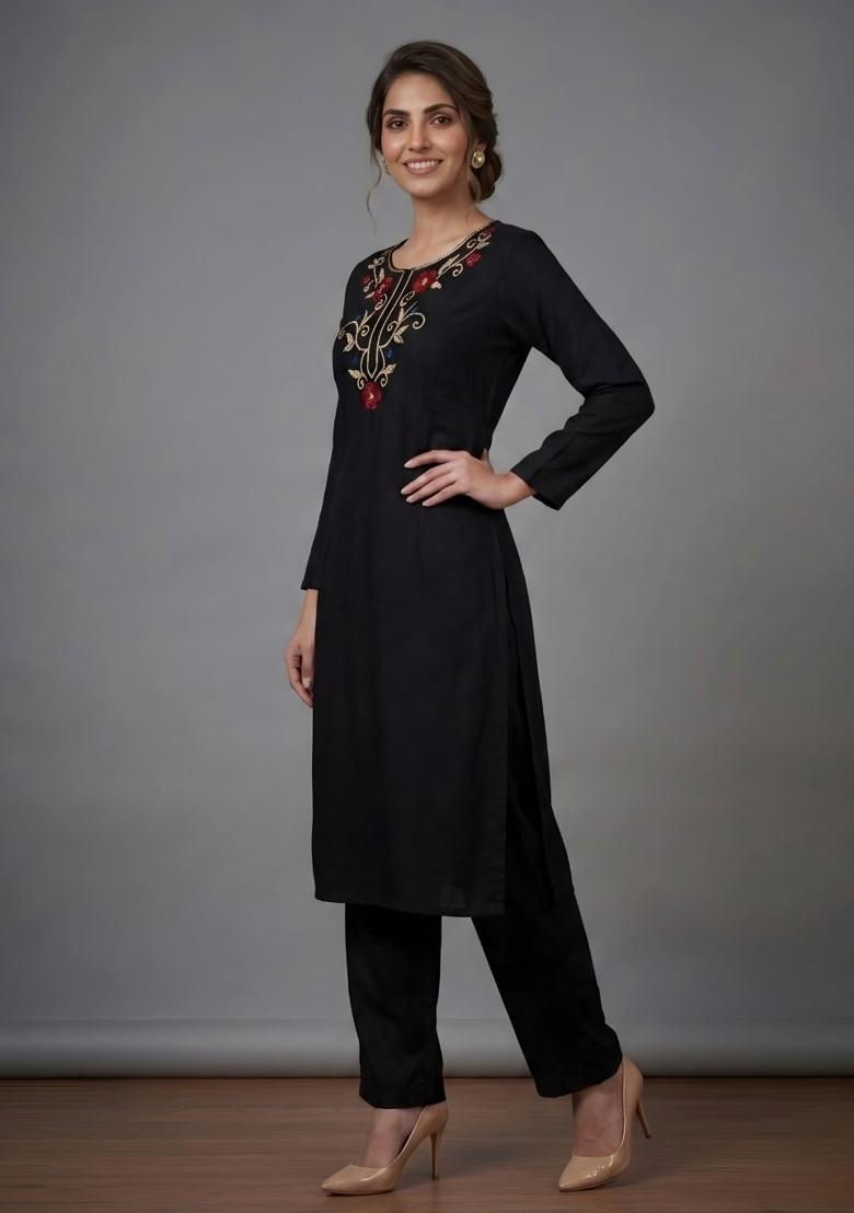 Black Embroidered Rayon Kurta Set - Indya