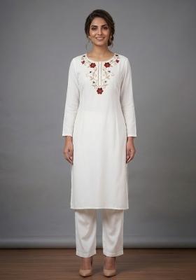 White Embroidered Rayon Kurta Set