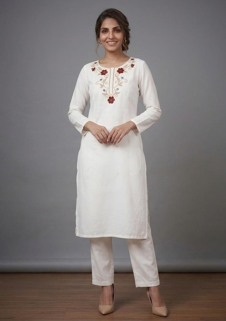 White Embroidered Rayon Kurta Set - Indya
