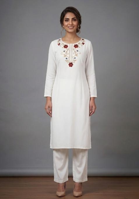 White Embroidered Rayon Kurta Set