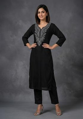 Black Embroidered Rayon Kurta Set