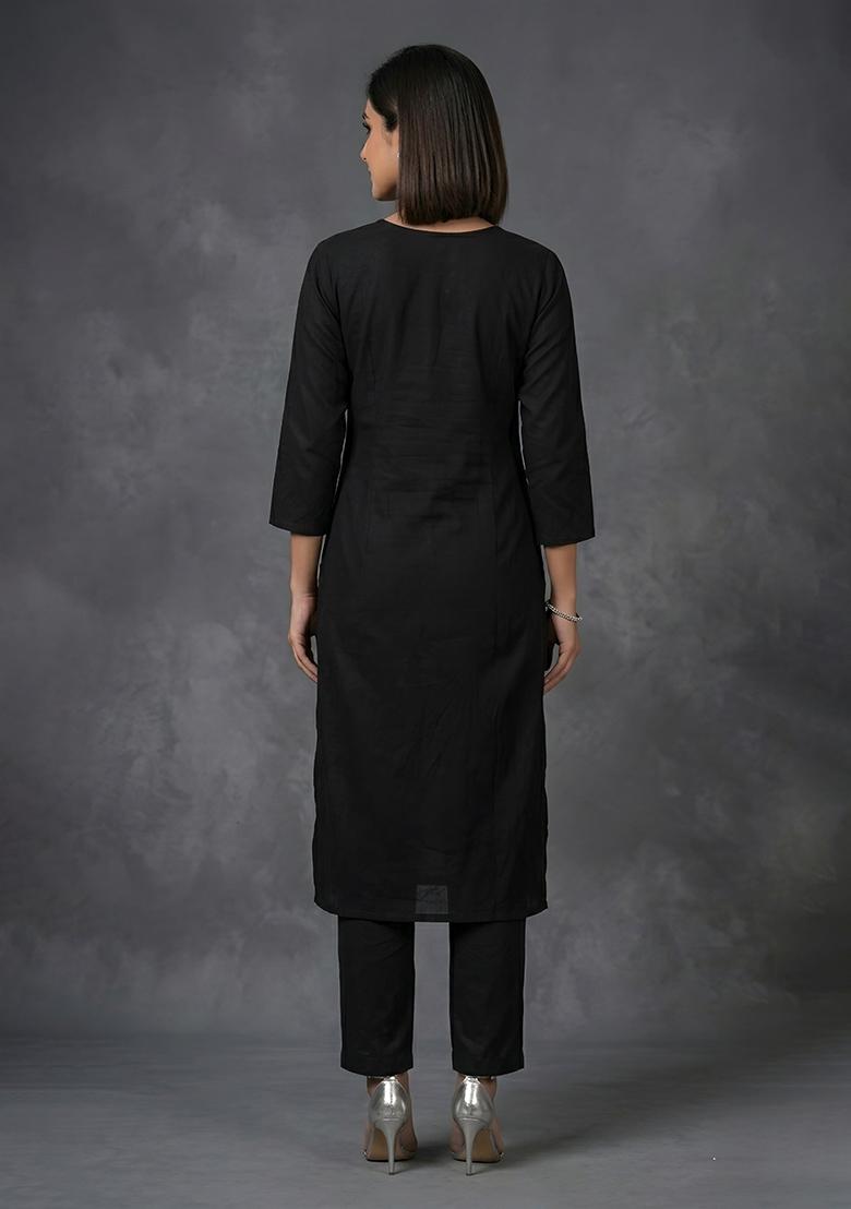 Black Embroidered Rayon Kurta Set - Indya