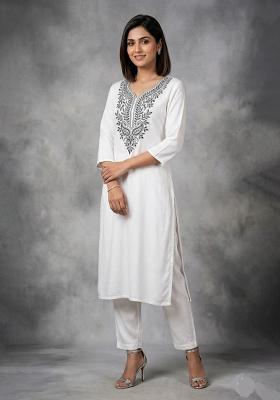 White Embroidered Rayon Kurta Set
