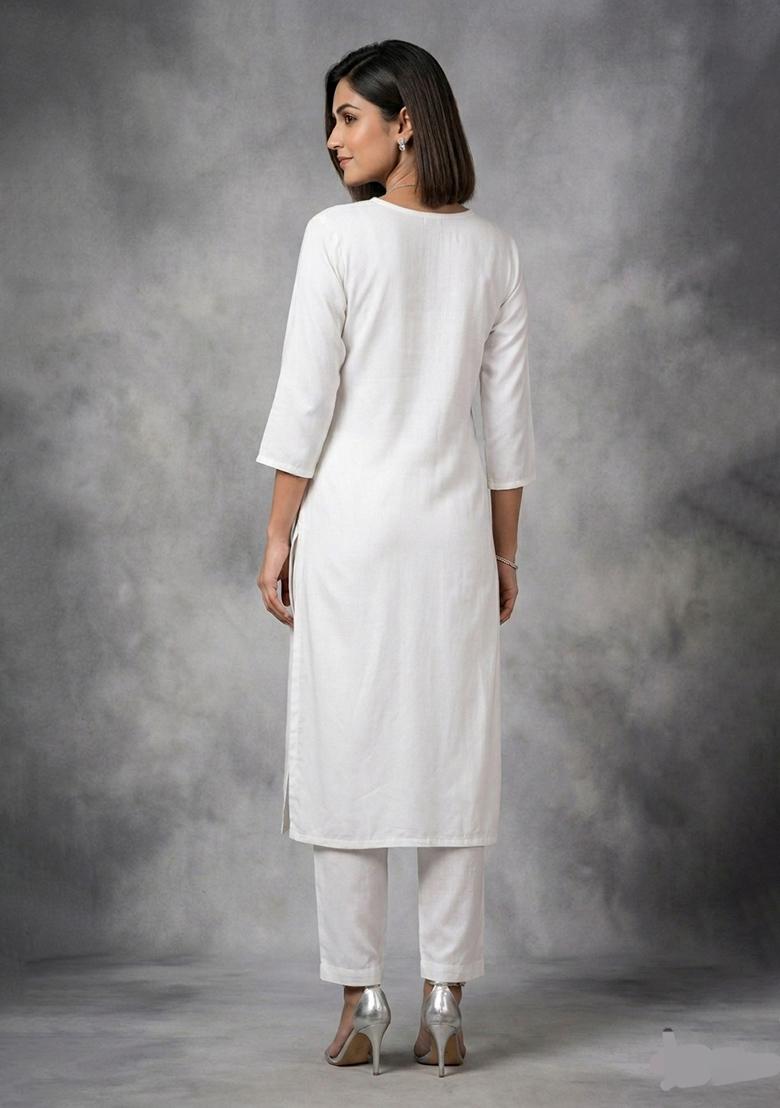 White Embroidered Rayon Kurta Set - Indya