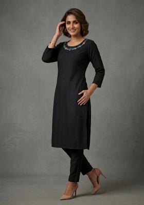 Black Embroidered Rayon Kurta Set