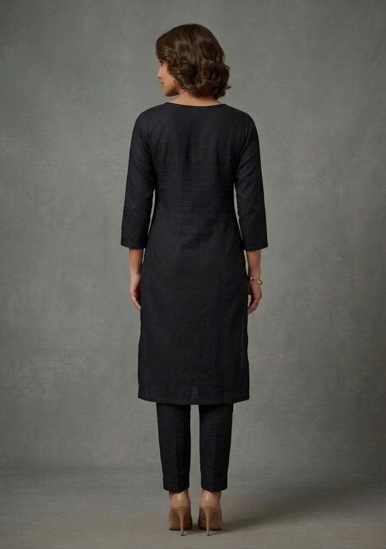 Black Embroidered Rayon Kurta Set - Indya