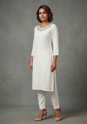White Embroidered Rayon Kurta Set