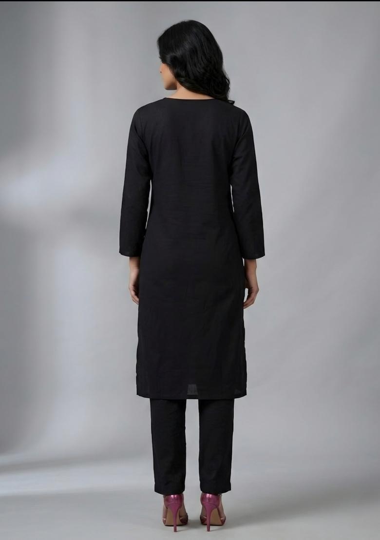 Black Embroidered Rayon Kurta Set - Indya