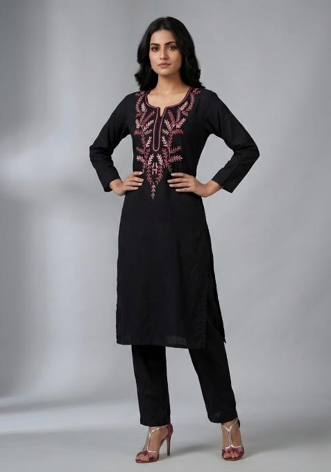 Black Embroidered Rayon Kurta Set