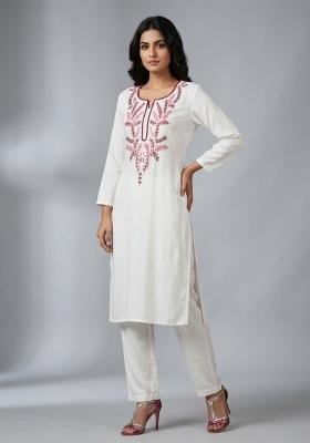 White Embroidered Rayon Kurta Set