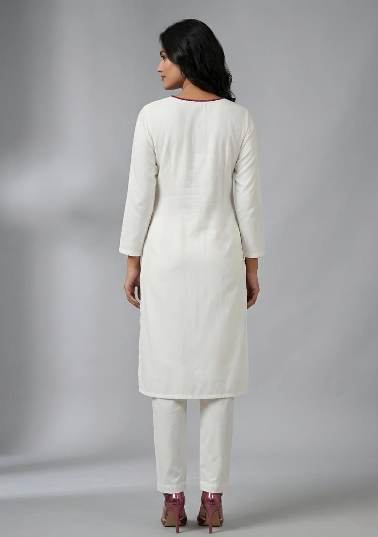White Embroidered Rayon Kurta Set - Indya