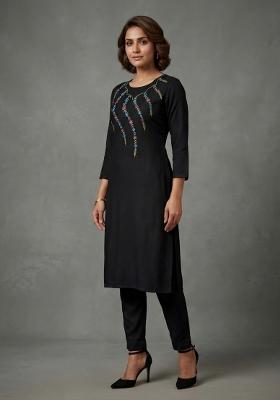 Black Embroidered Rayon Kurta Set