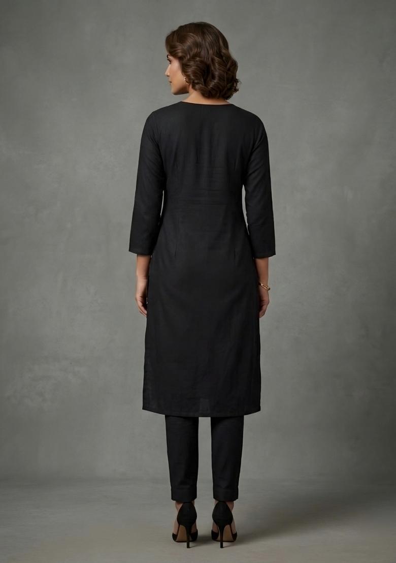 Black Embroidered Rayon Kurta Set - Indya