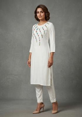 White Embroidered Rayon Kurta Set
