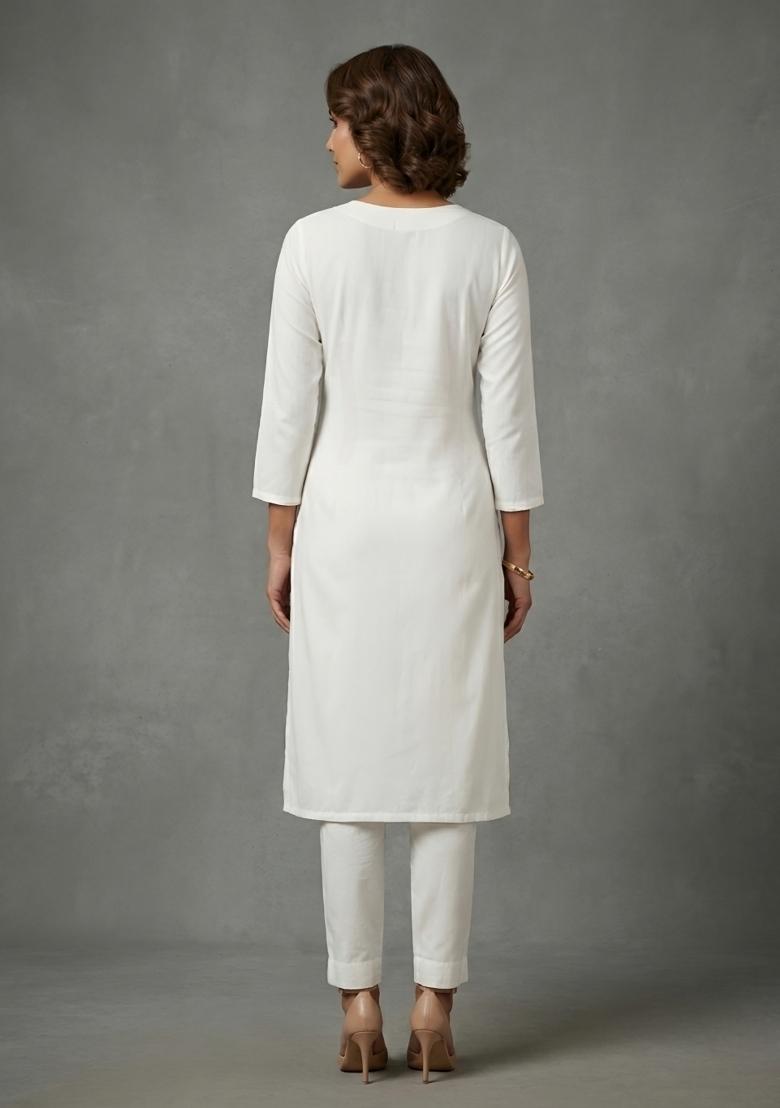 White Embroidered Rayon Kurta Set - Indya