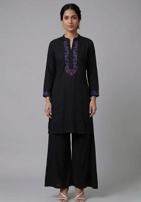 Black Embroidered Rayon Kurta Set