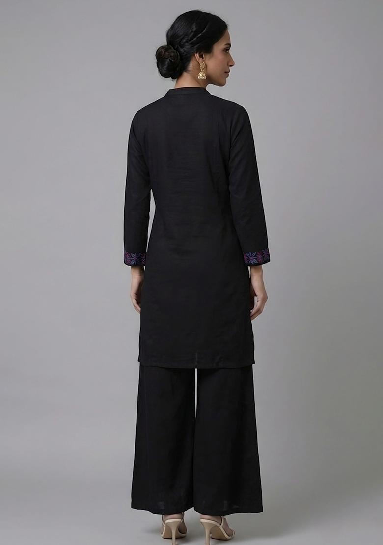 Black Embroidered Rayon Kurta Set - Indya