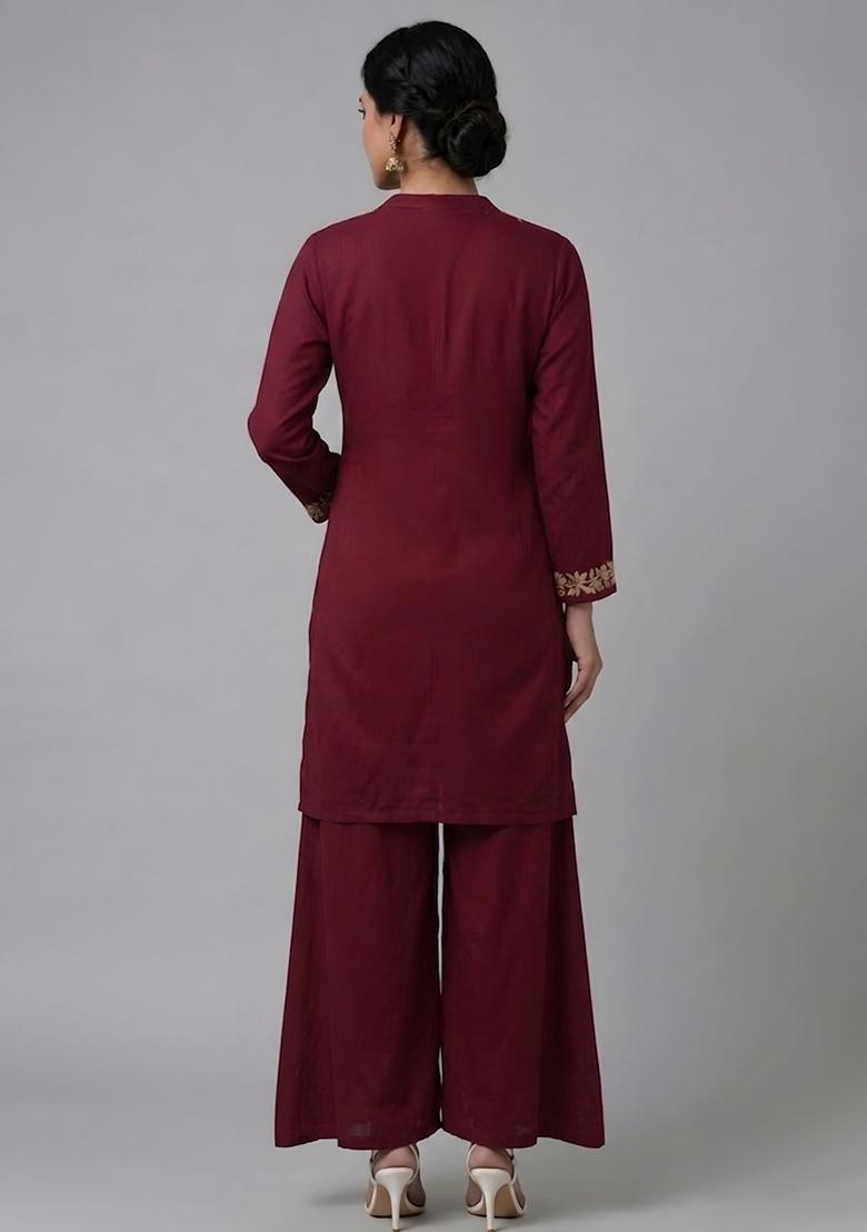 Maroon Embroidered Rayon Kurta Set - Indya