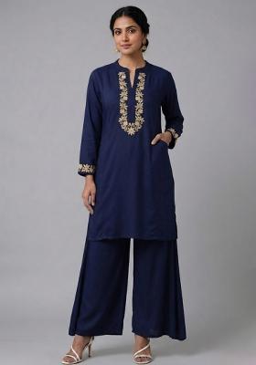 Blue Embroidered Rayon Kurta Set