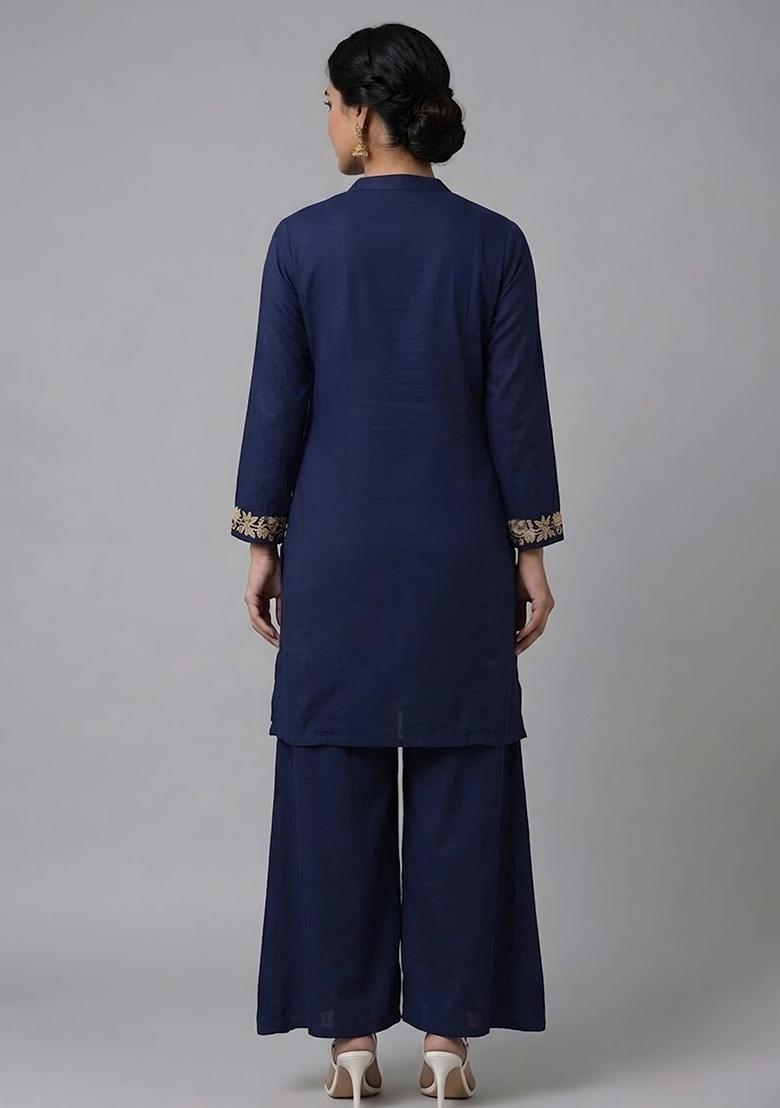 Blue Embroidered Rayon Kurta Set - Indya