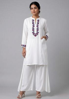 White Embroidered Rayon Kurta Set