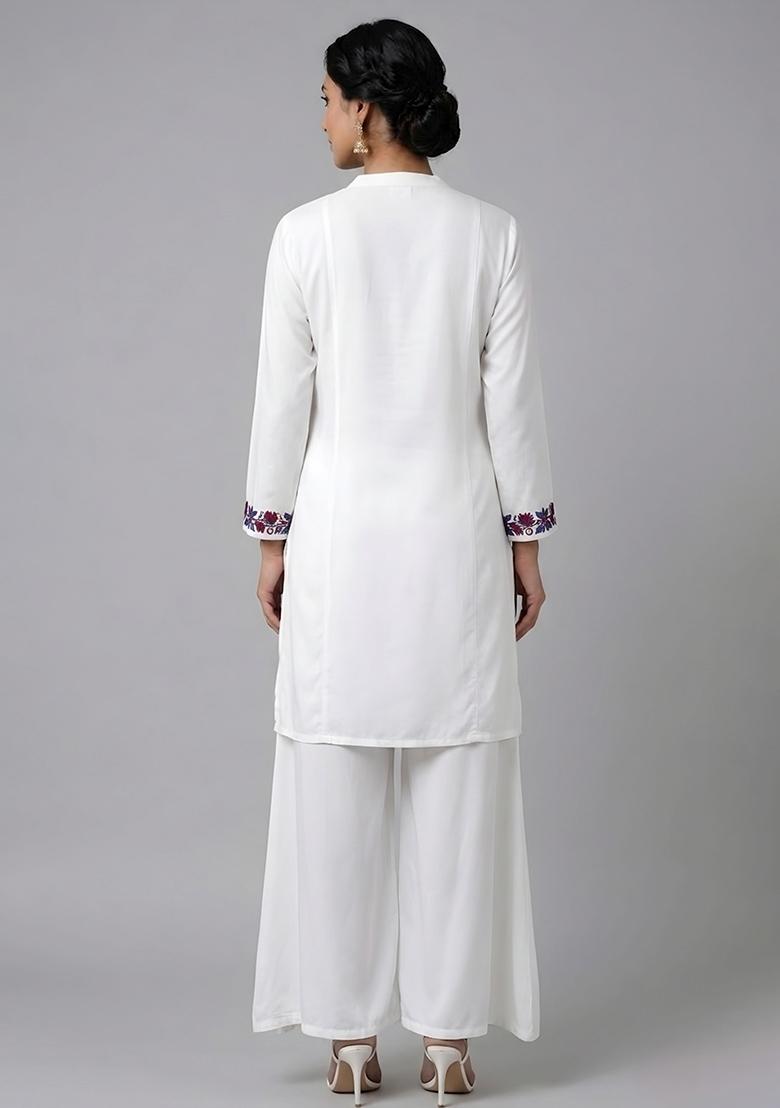 White Embroidered Rayon Kurta Set - Indya