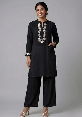 Black Embroidered Rayon Kurta Set