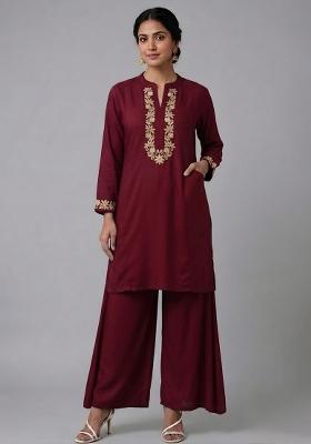 Maroon Embroidered Rayon Kurta Set