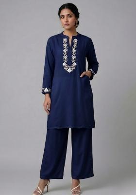 Blue Embroidered Rayon Kurta Set