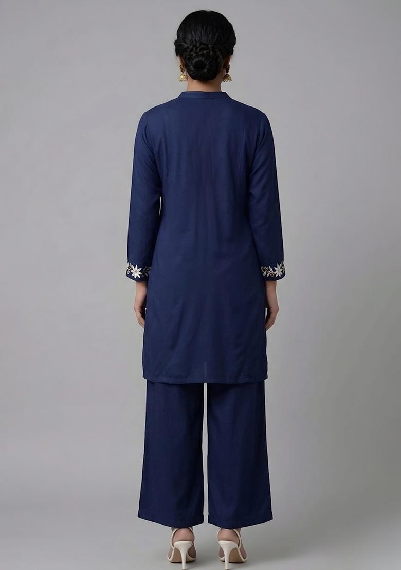 Blue Embroidered Rayon Kurta Set - Indya