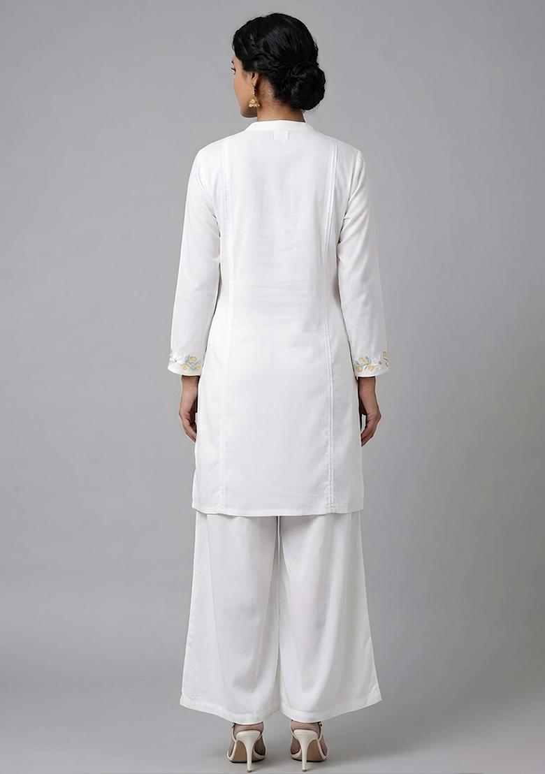 White Embroidered Rayon Kurta Set - Indya