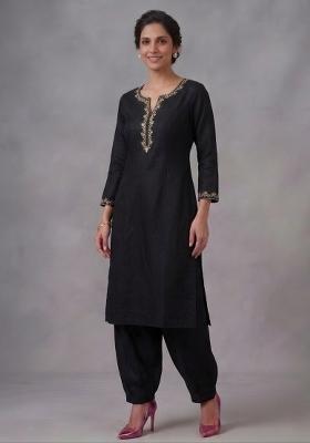Black Embroidered Rayon Kurta Set