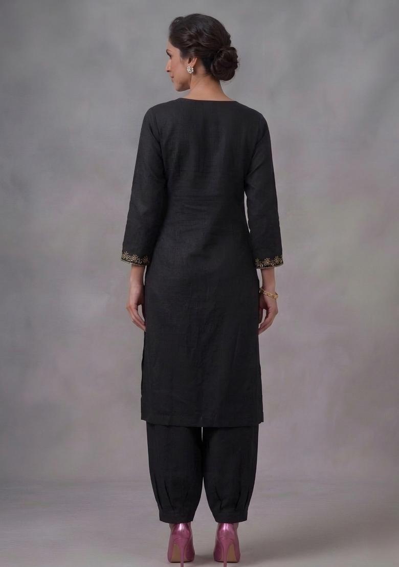 Black Embroidered Rayon Kurta Set - Indya