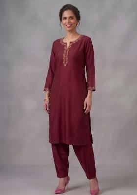 Maroon Embroidered Rayon Kurta Set