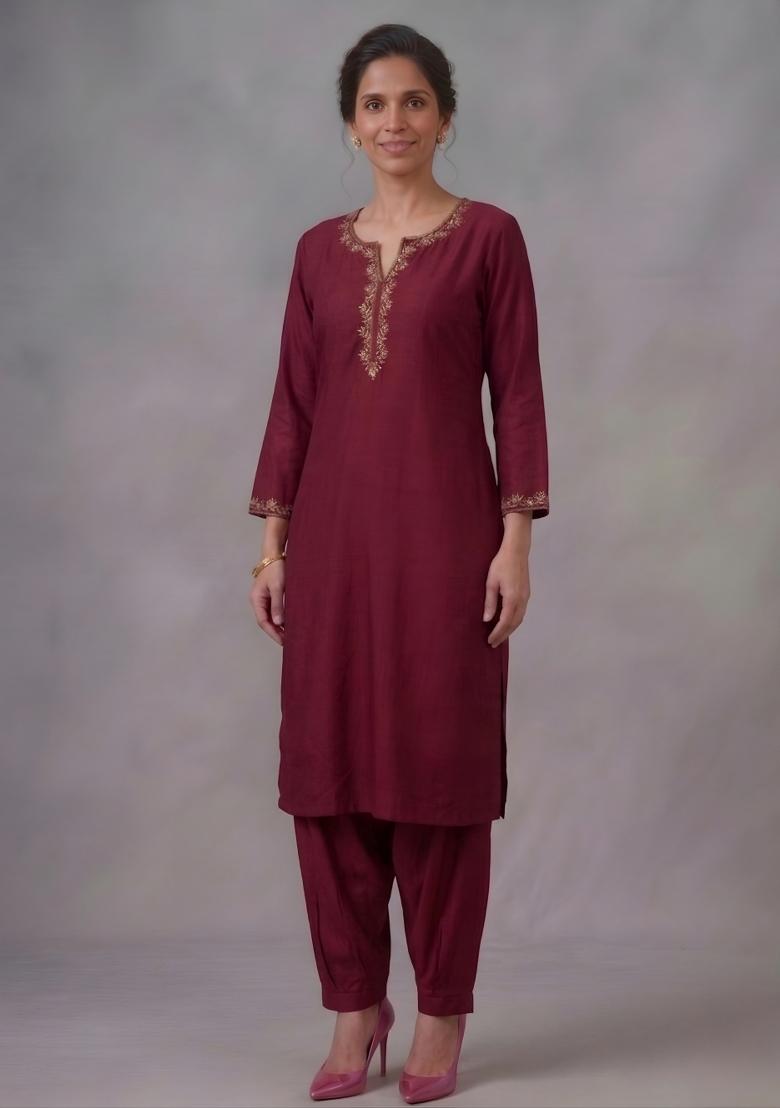 Maroon Embroidered Rayon Kurta Set - Indya