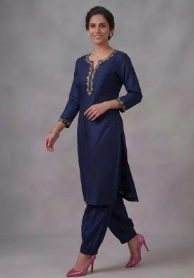 Blue Embroidered Rayon Kurta Set