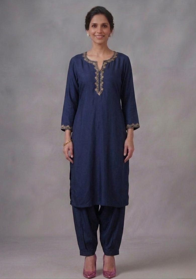 Blue Embroidered Rayon Kurta Set - Indya