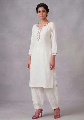 White Embroidered Rayon Kurta Set
