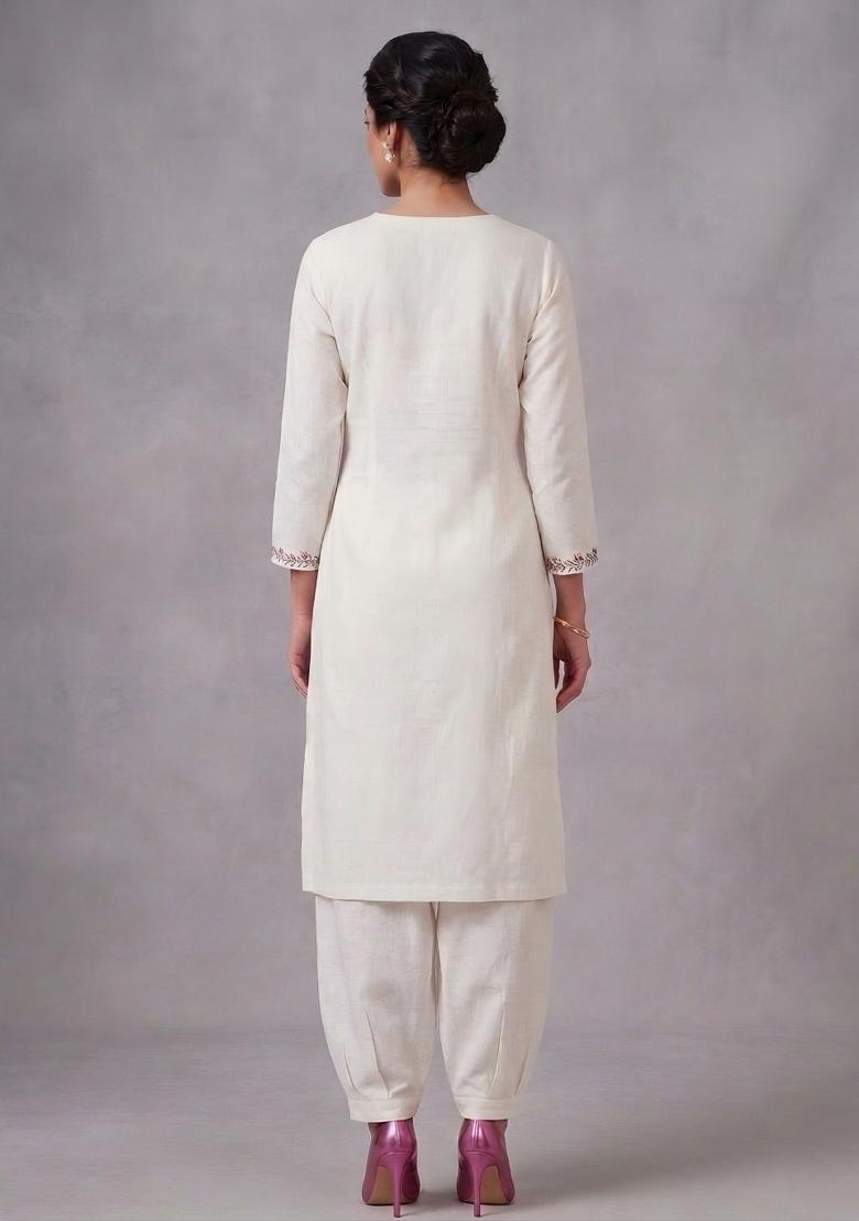 White Embroidered Rayon Kurta Set - Indya